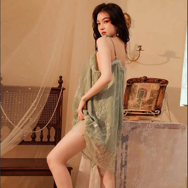 Churchf Night Vows Big-Size Lingerie Sexy Seduction Lace Sling Pyjamas Pajamas Pajamas Set Home Clothes Double-Decker Chiffon Woman