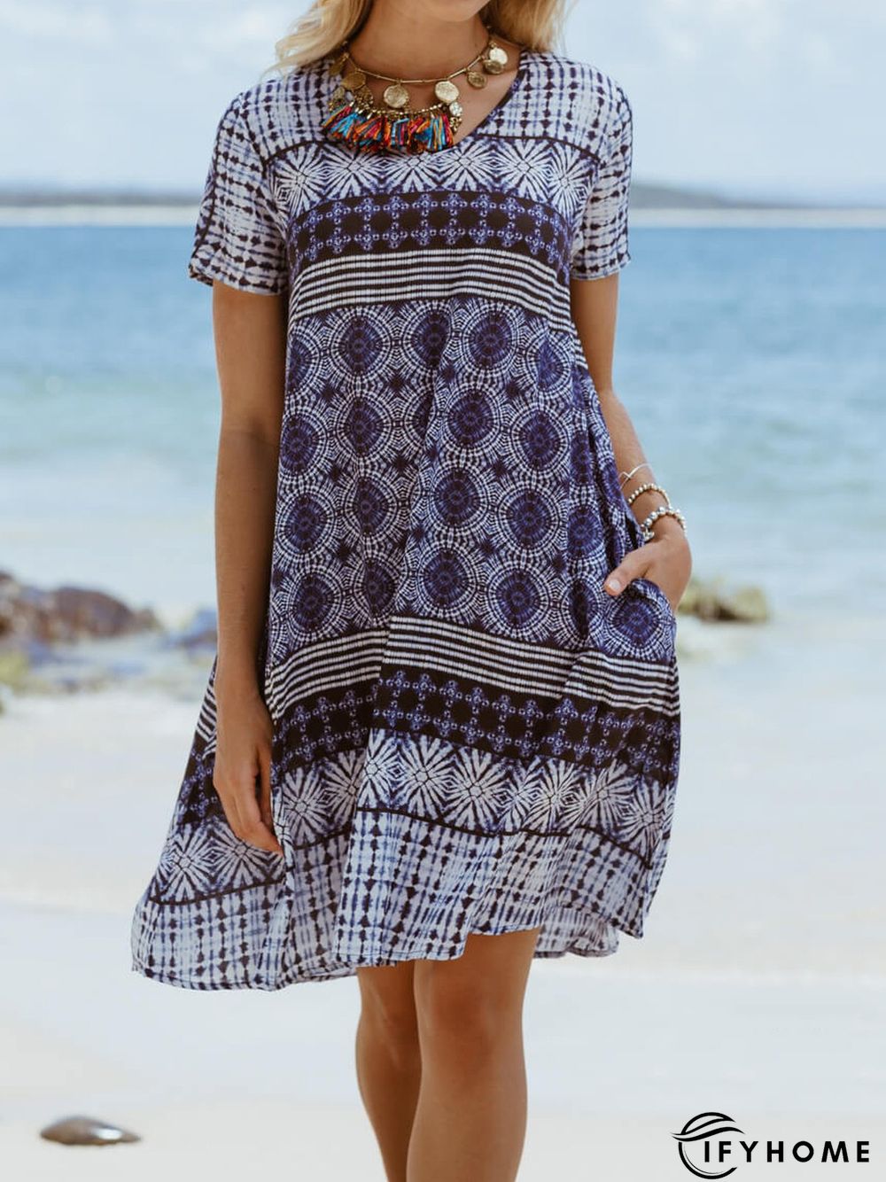 Cotton-Blend Short Sleeve Printed Weaving Dress | IFYHOME