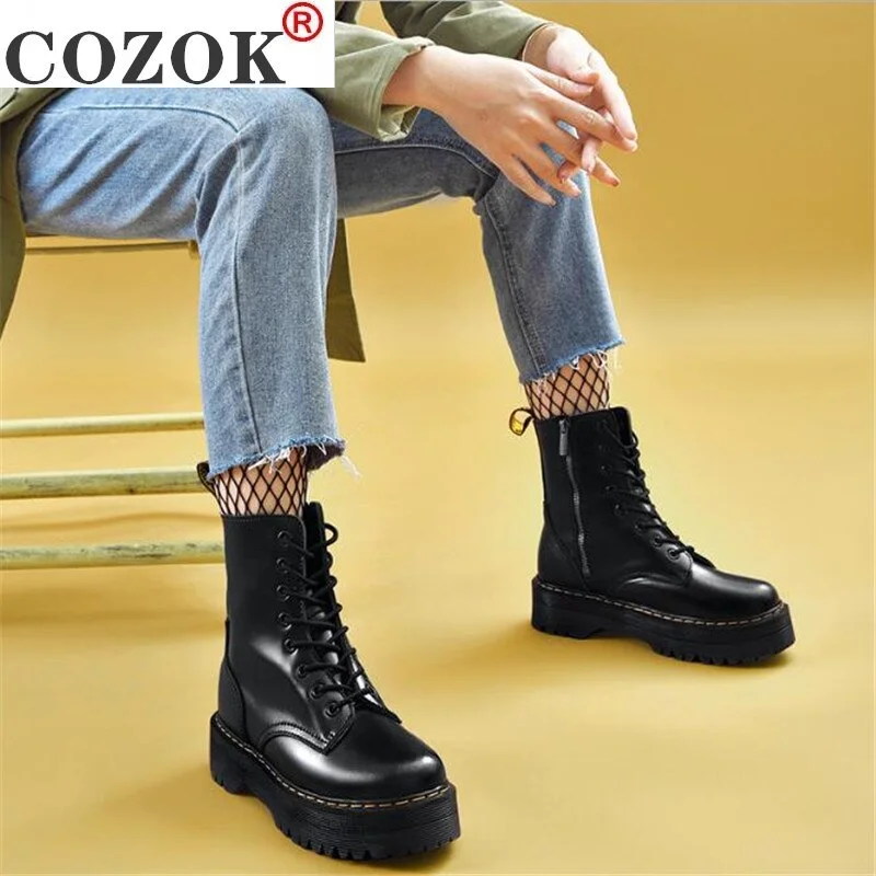 Platform Martens Boots Women Shoes 2021 New Black Leather Ankle Boots Women Punk Shoes Thick Bottom Motorcycle Boot De Mujer