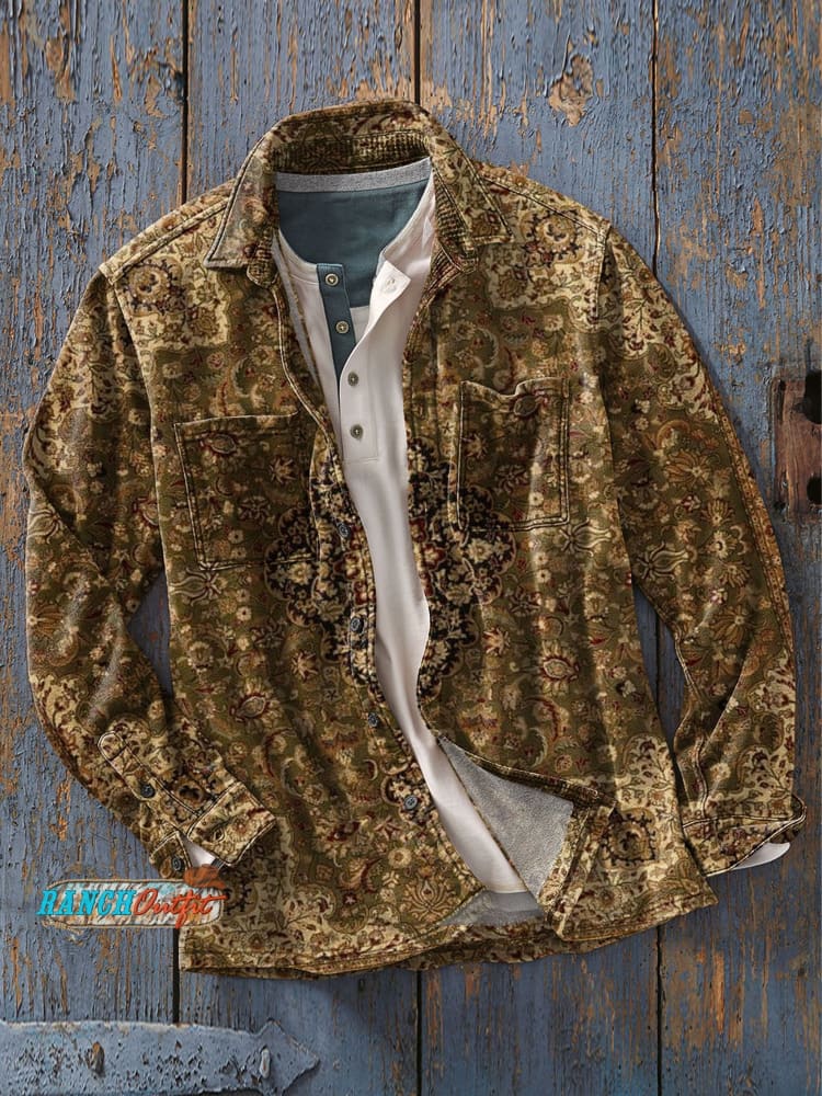 Men’s Vintage Retro Art Print Casual Long Sleeve Shirt As Picture / S