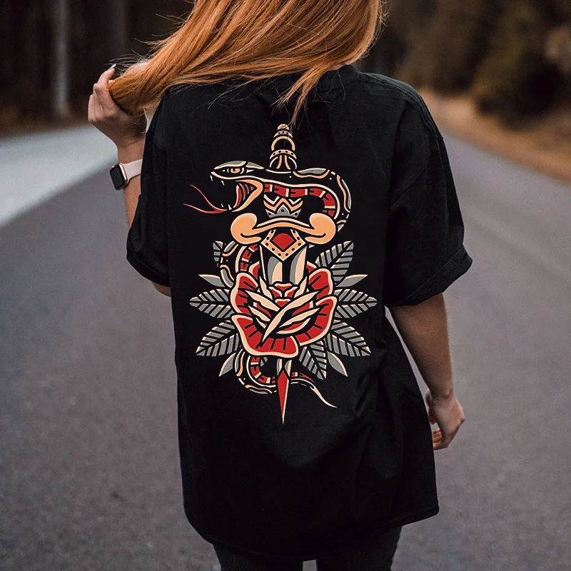Vicious Snake Flower Printed Oversized Black T-shirt - Krazyskull