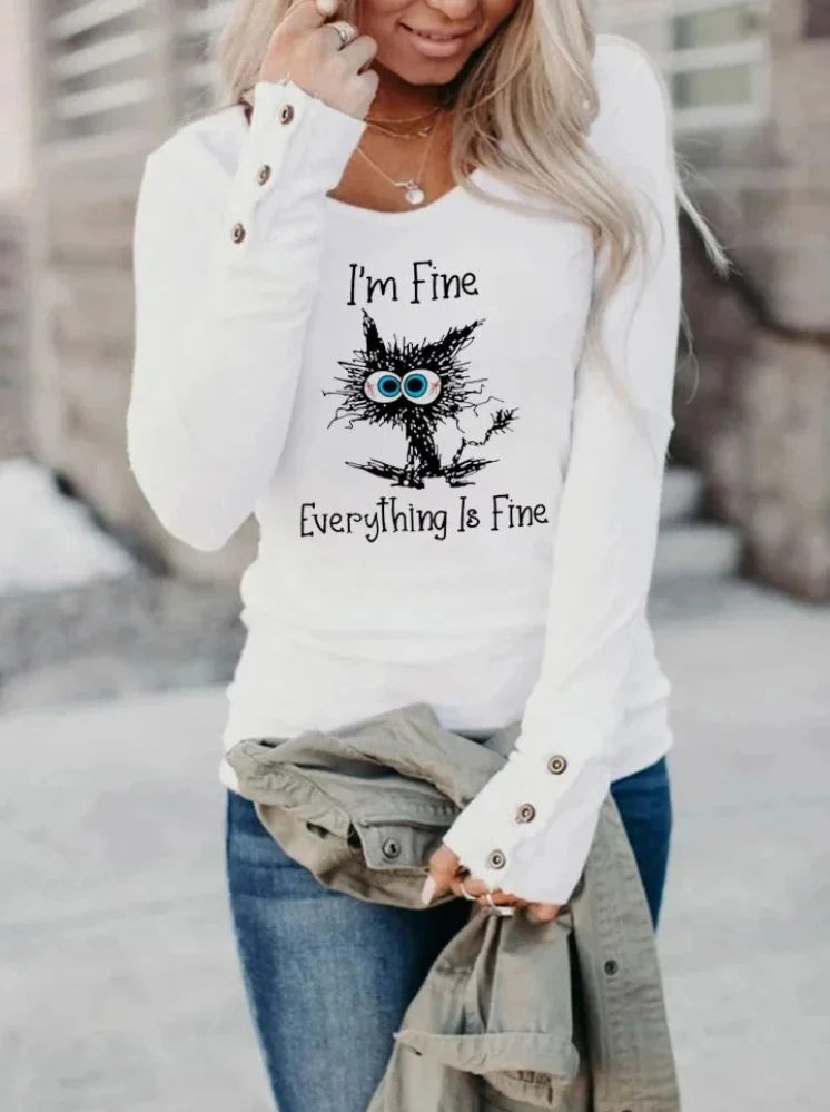 It's Fine Black Cat Button Sleeve T Shirt