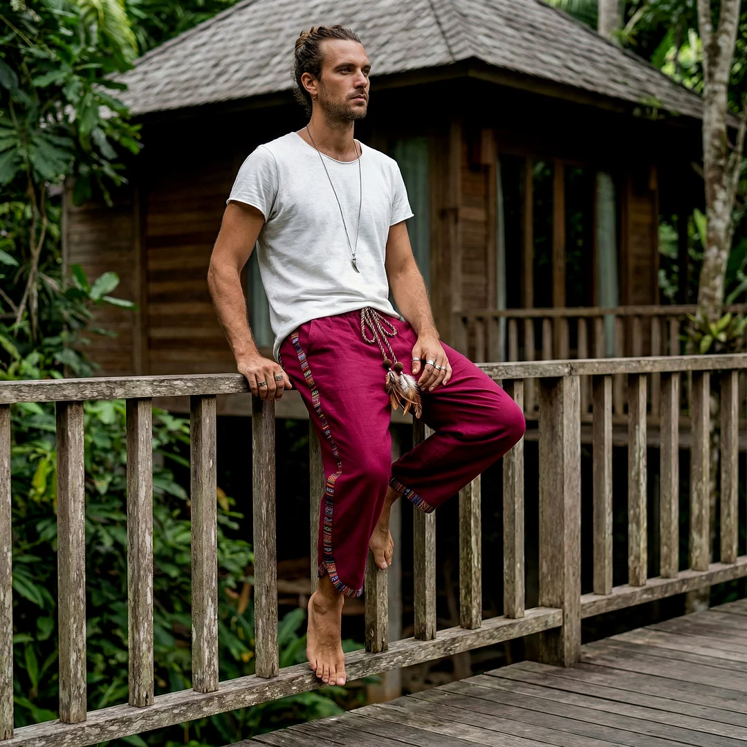 Men's Ethnic-style Patterned Patchwork Linen Elastic Waist Trousers-inspireuse