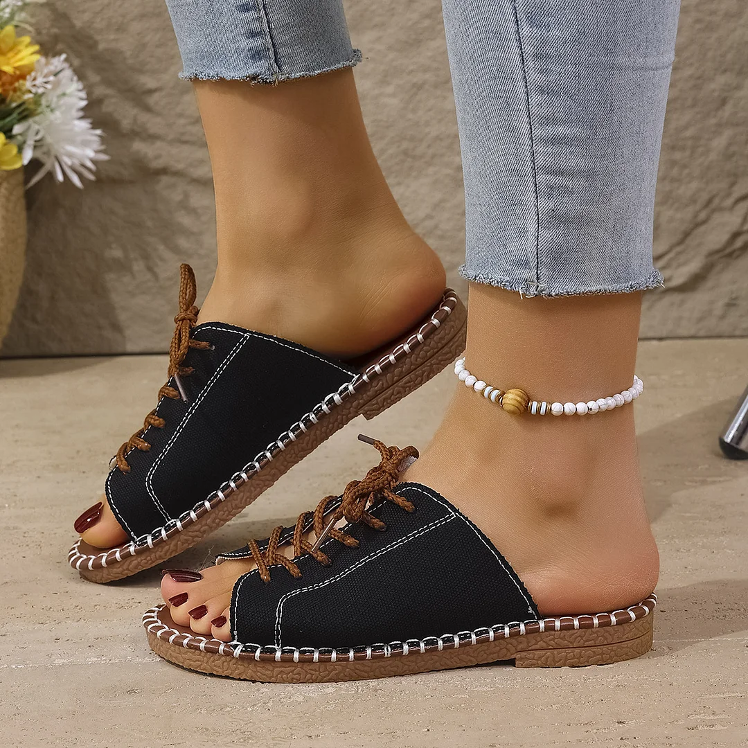 Breakj Breakj 2025 Summer Canvas Korean Version Of Women's Cool Drag Flat And Large Sandals Denim Shoes