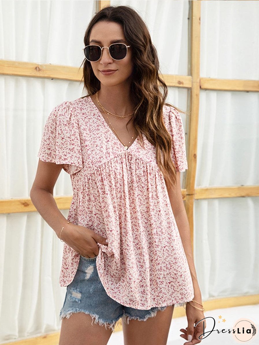 V-Neck Floral Printed Pattern Short Sleeve Loose Casual T-Shirt