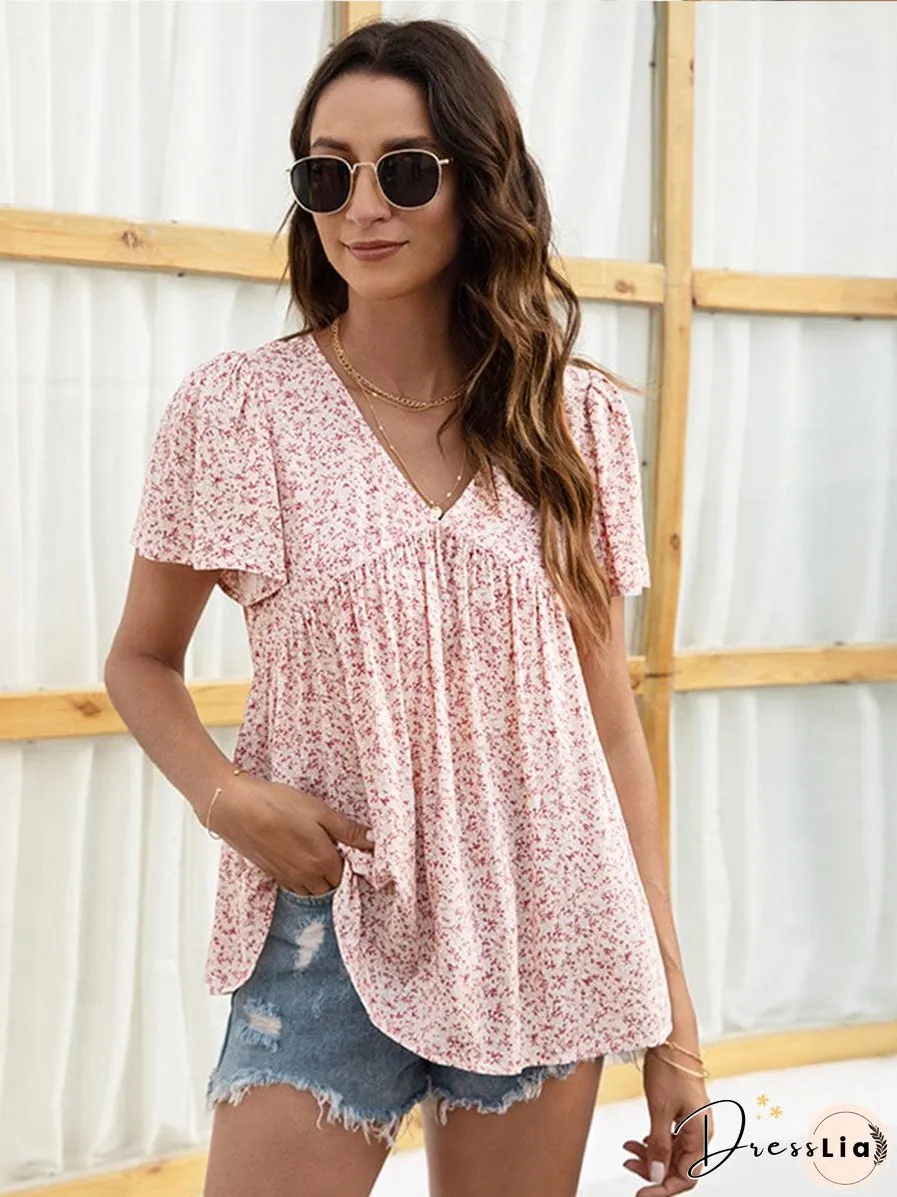 V-Neck Floral Printed Pattern Short Sleeve Loose Casual T-Shirt