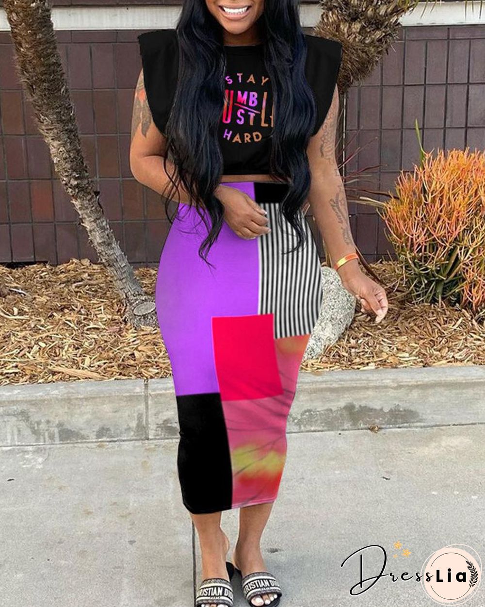 Letter Print Crop Top & Colorblock Skirt Set