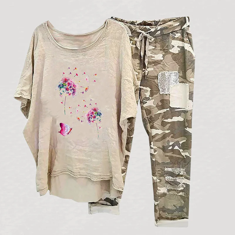 Women's Dandelion And Butterfly Printed Two Piece Casual Set