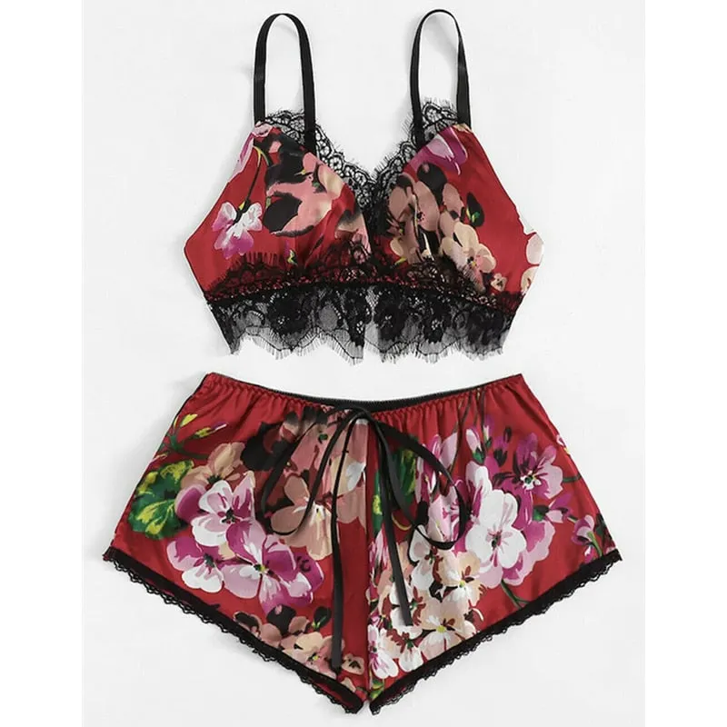 Womens Clothing Sexy Lingerie Floral Lace Bra Hot Pants Panty Underwear Nightwear Woman Sets Clothes Female Set Ladies Sleepwear