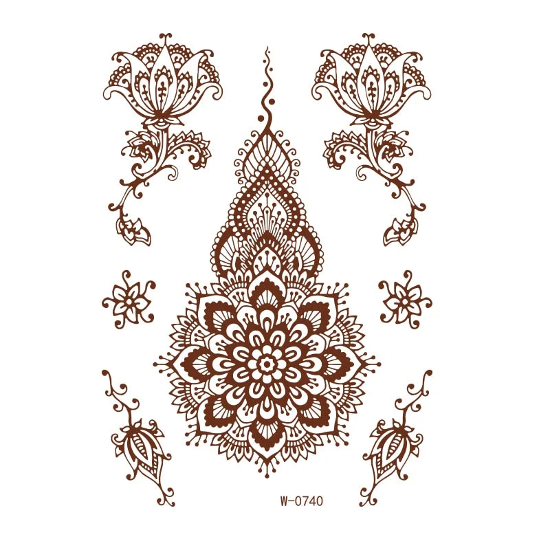 Henna Tattoo Sticker Temporary Brown Henna Chest Hand Lace Henna Mandala Flash Tattoos Sticker Body Art Arm Fake Tatoo Women Men