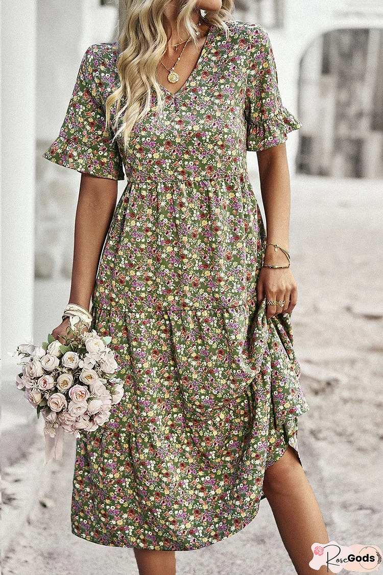 Floral Print Fit Ruffle Sleeve Midi Dress