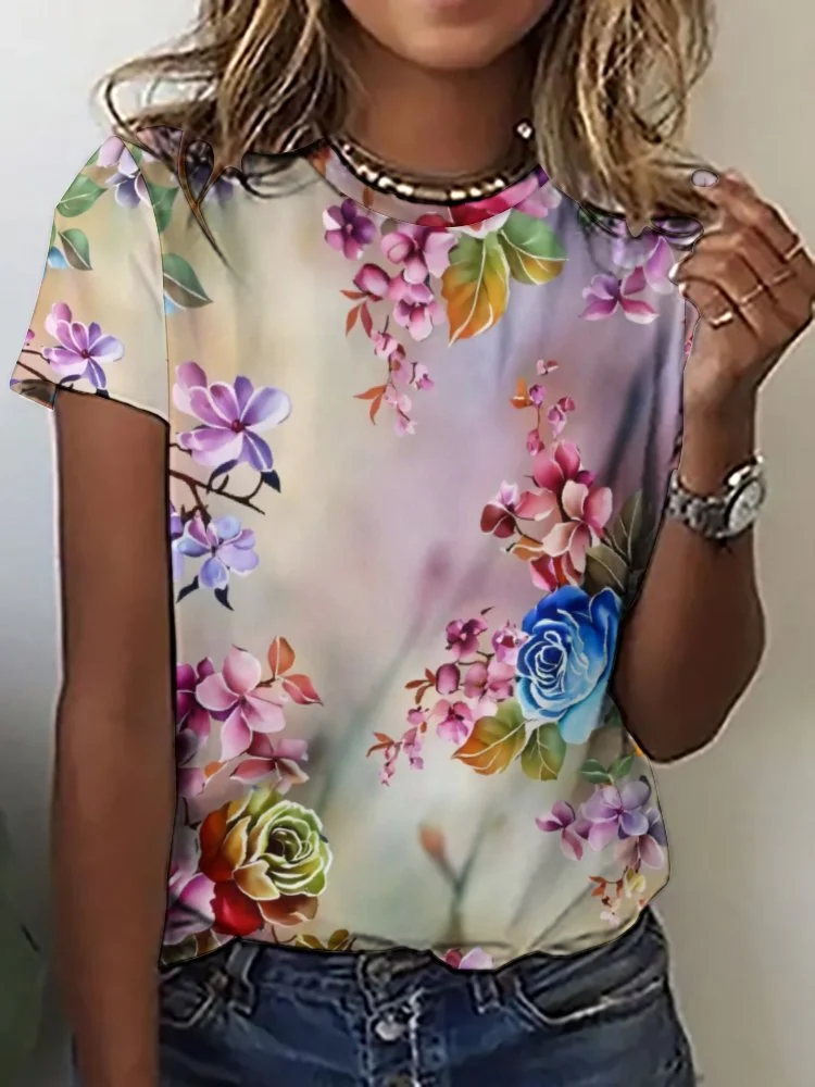 Printed Short Sleeve Casual T-shirt for  Women and Men Unisex Pattern Floral, Colorful, Red, Blue
