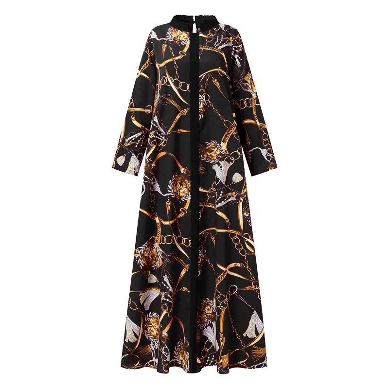 Elegant Printed Dress 2022 VONDA Autumn Women Stand Collar Long Lantern Sleeve Party Maxi Dress Femme Robe Longue Beach Sundress