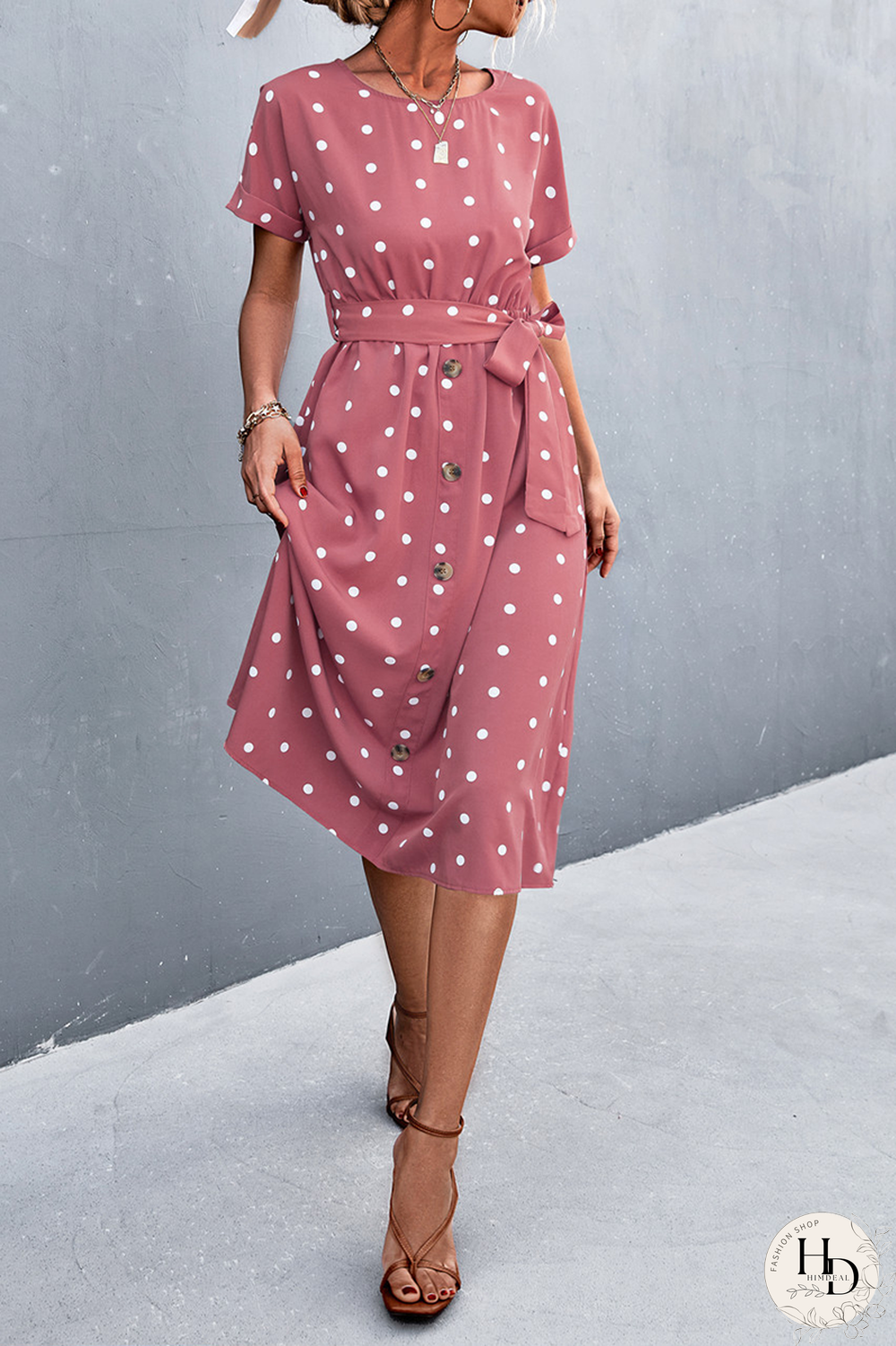 Elegant Dot Frenulum Buckle O Neck A Line Dresses