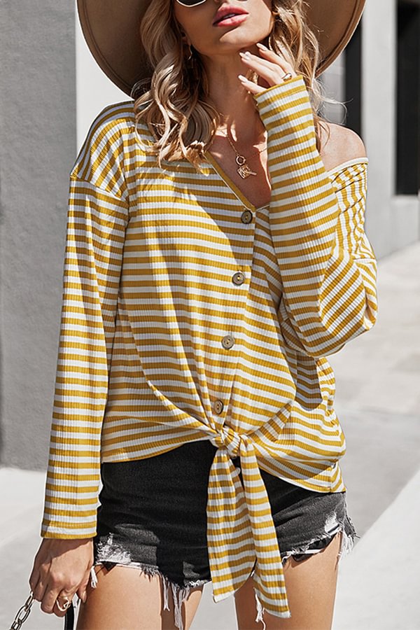 Classic Striped V Neck Knotted Long Sleeved T-shirt