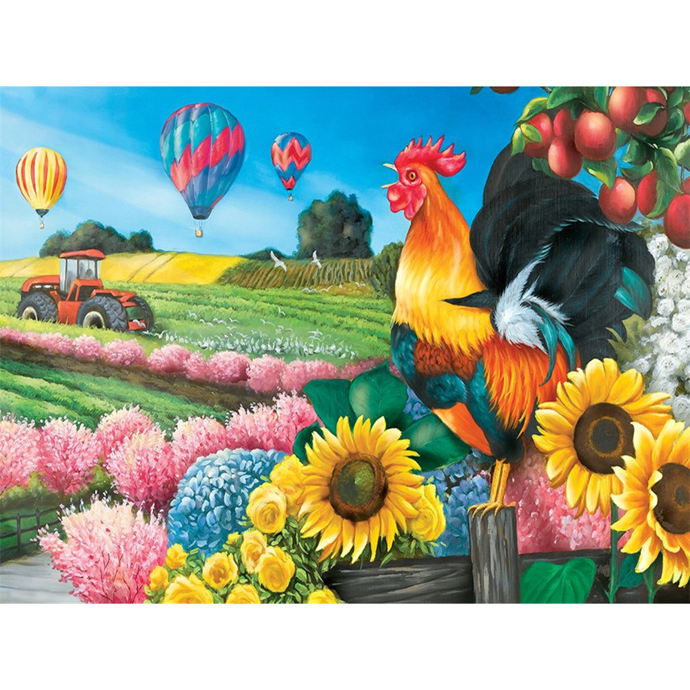 

40*30CM - Round Drill Diamond Painting - Rooster Hot Air Balloon, 501 Original