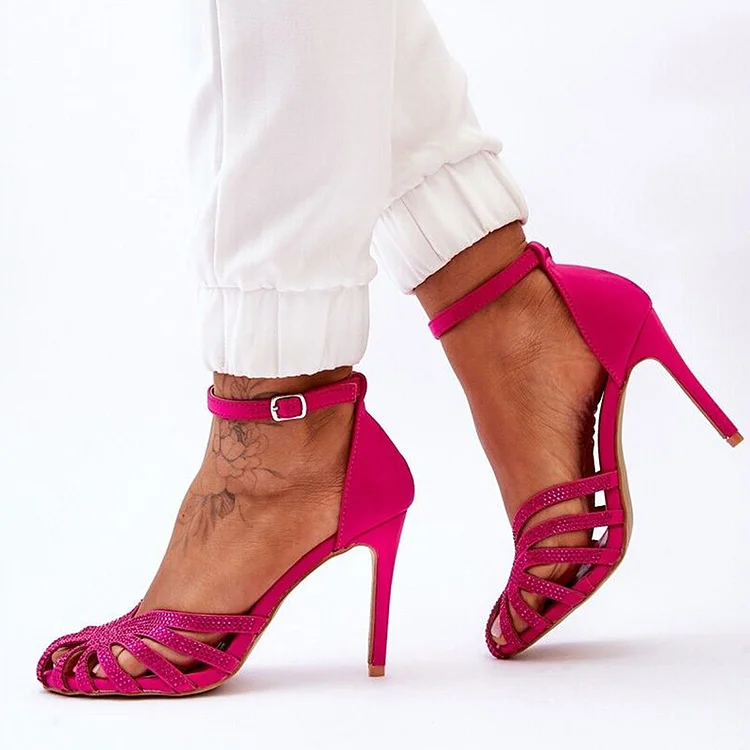 Pink Rhinestones Stiletto Shoes Women'S Elegant Ankle Strap Heel Party Hollow Out Pumps |FSJ Shoes