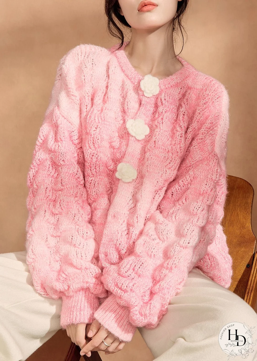 Simple Pink O Neck Floral Button Knit Cardigan Fall