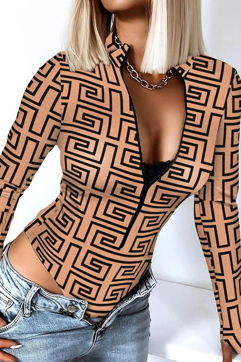 Khaki Fashion Sexy Print Basic Zipper Collar Long Sleeve Skinny Romper | EGEMISS