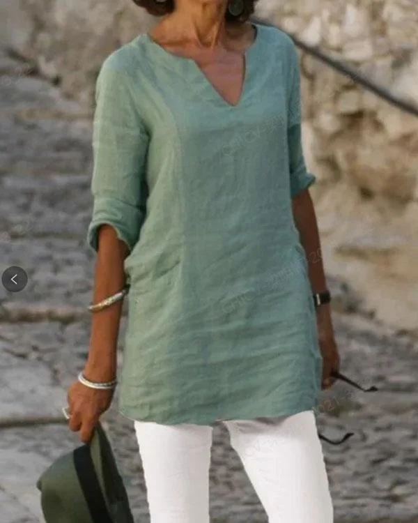 Women V Neck Plain Color Casual Linen Tops
