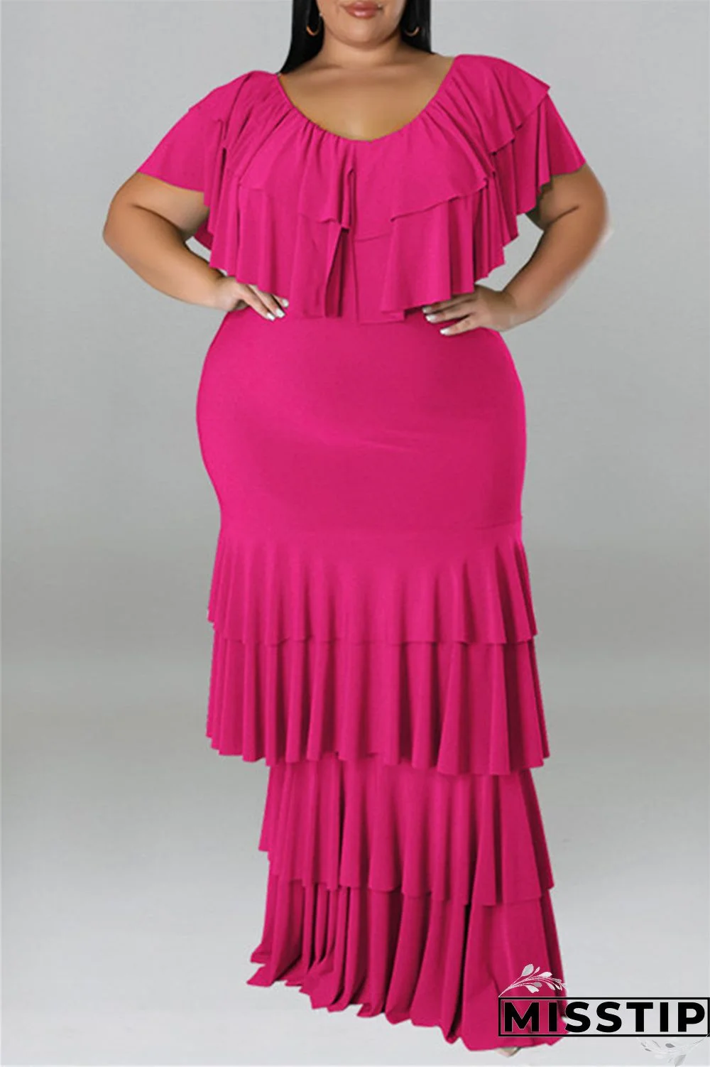 Black Fashion Casual Plus Size Solid Patchwork O Neck Short Sleeve Dress