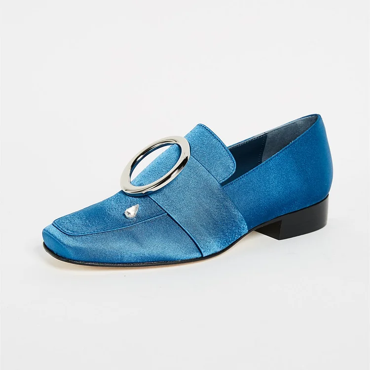 Blue Metal Circle Crystal Satin Loafers for Women |FSJ Shoes