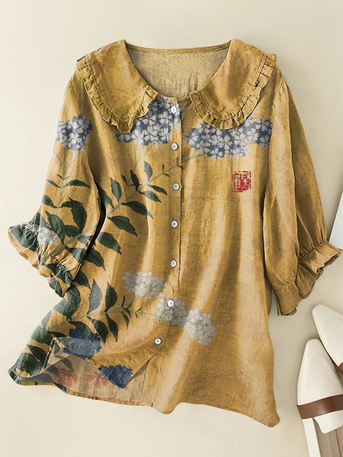 Japanese floral cotton and linen Peter Pan ruffle collar shirt