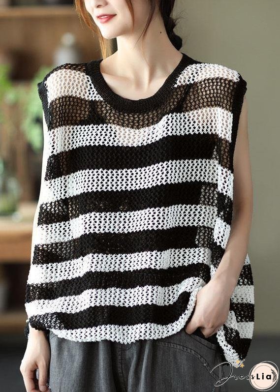 Mulberry Striped Hollow Out Summer Linen Tank Sleeveless