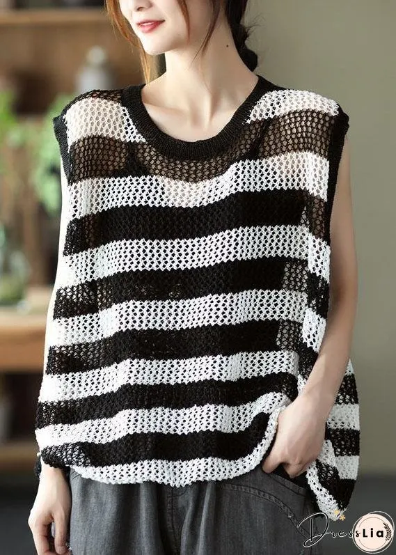 Mulberry Striped Hollow Out Summer Linen Tank Sleeveless