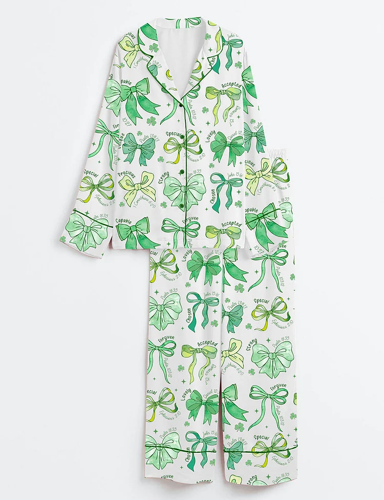 Jesus Christian St.Patrick Day Coquette Bow Long Sleeve Satin Pajama Set