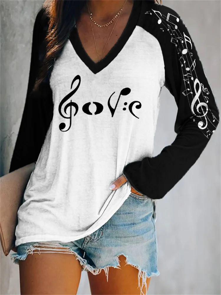 Music Notes Love Graphic V Neck T Shirt