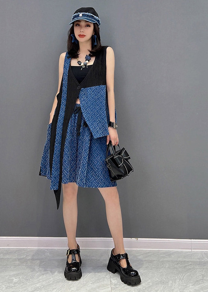 VCSHOES Blue Patchwork Waistcoat And Shorts Two Pieces Set Sleeveless