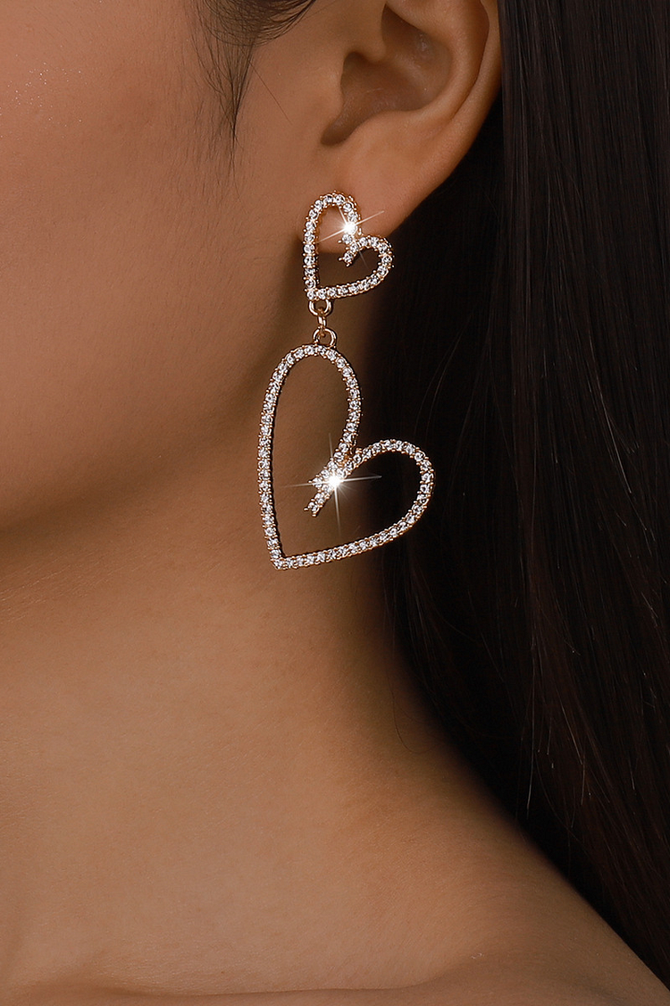 Fashionable Rhinestone Heart-Shaped Dangle Earrings-Gold