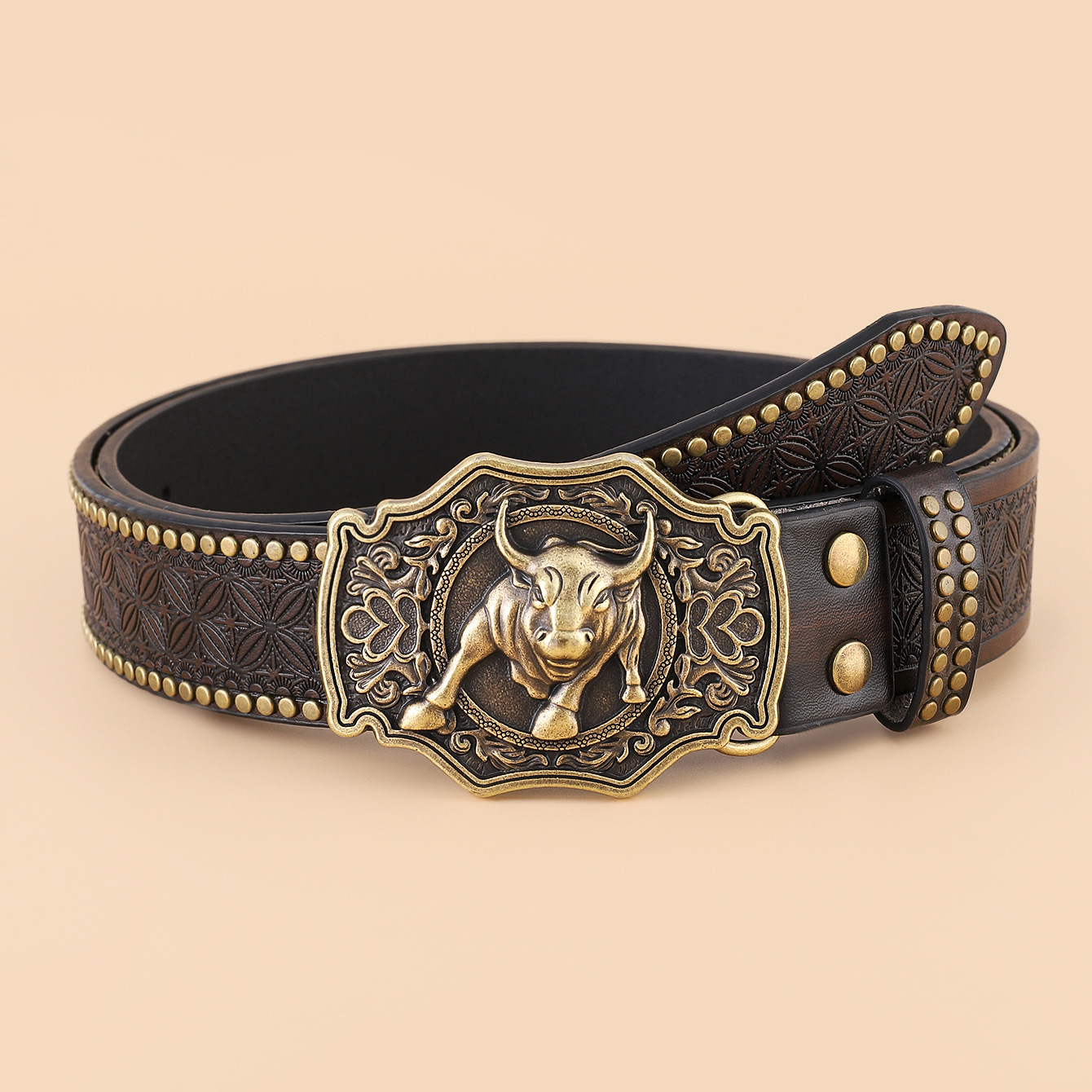 Men's Vintage Western Denim Belt Engraved Leather Belt / TECHWEAR CLUB / Techwear