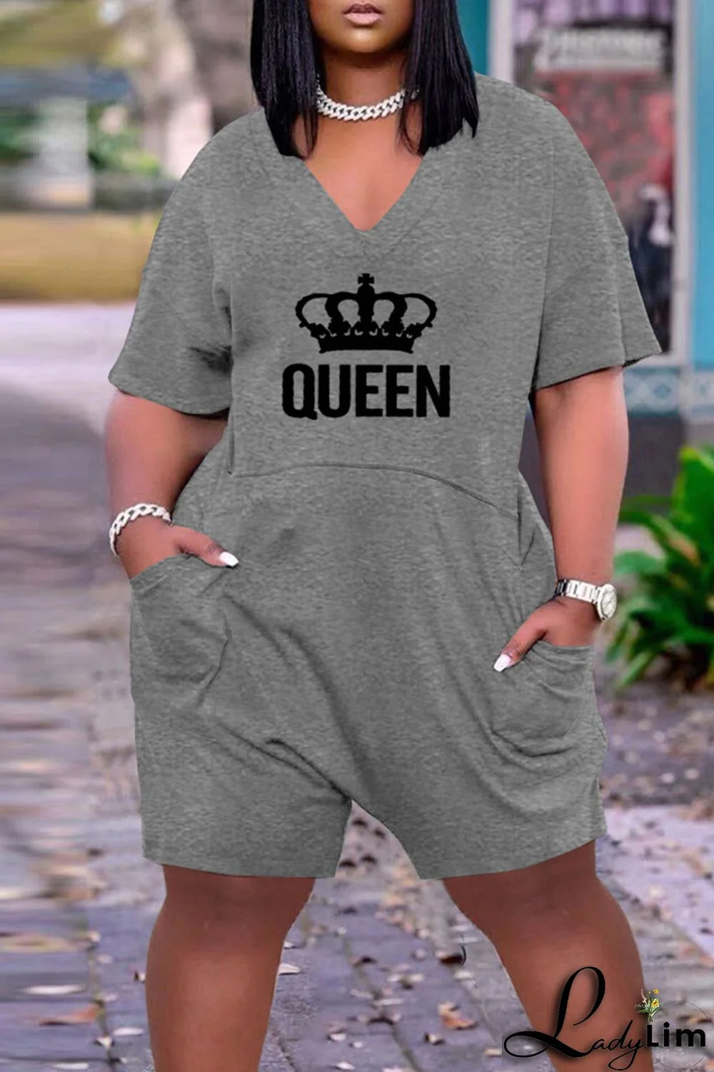 Light Gray Casual Print Split Joint Pocket V Neck Loose Jumpsuits