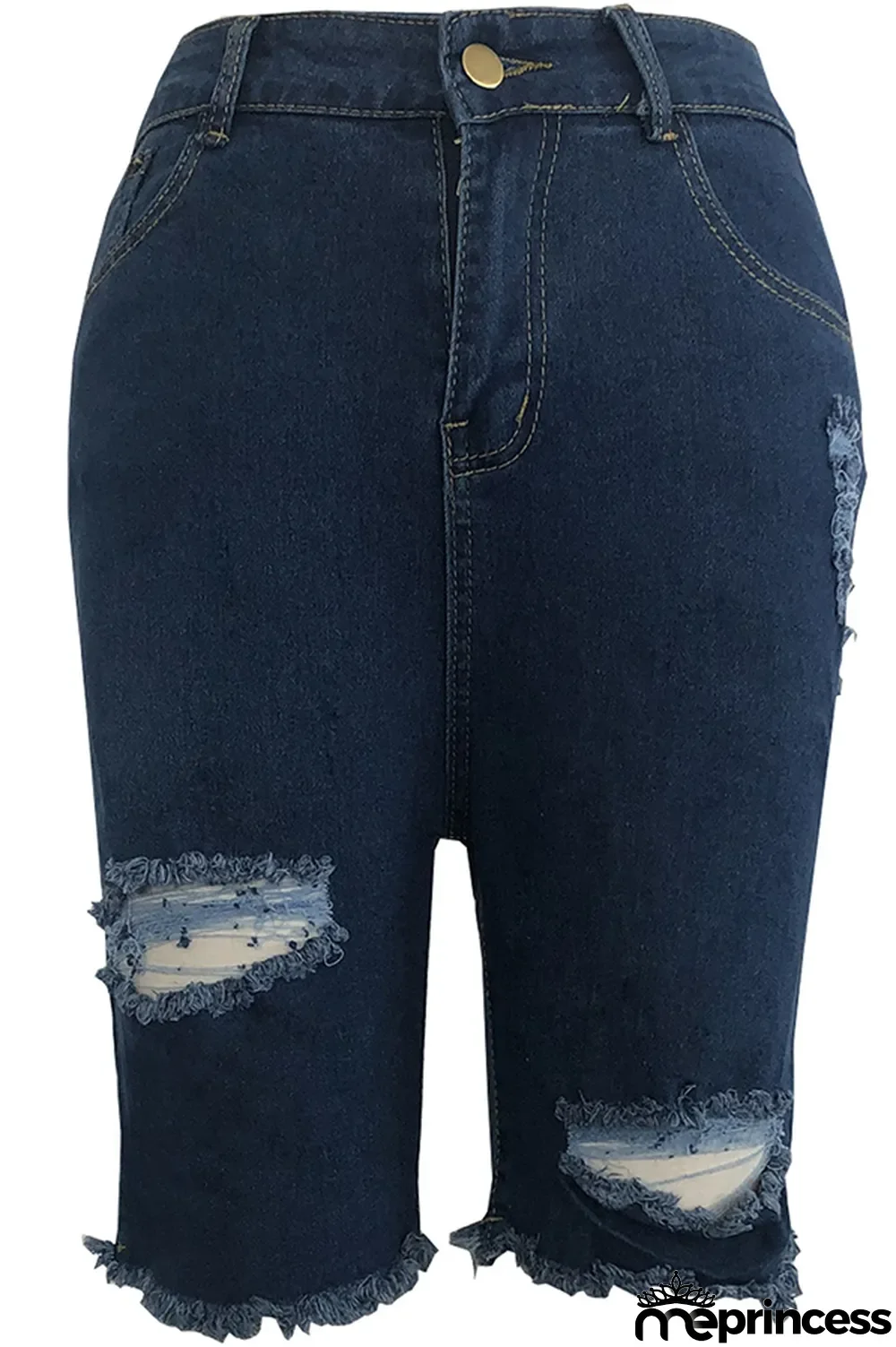 Blue Denim Button Fly Zipper Fly High washing Hole Zippered Pocket Straight shorts Shorts