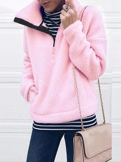 Solid Color Lapel Neck Plush Pullover