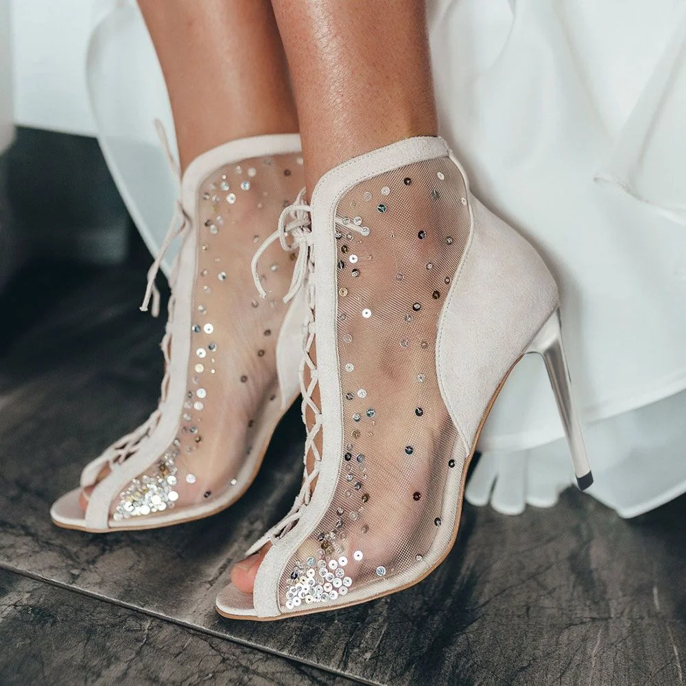 White Lace Wedding Booties Lace-up Sequins Ankle Boots For Bride Nicepairs