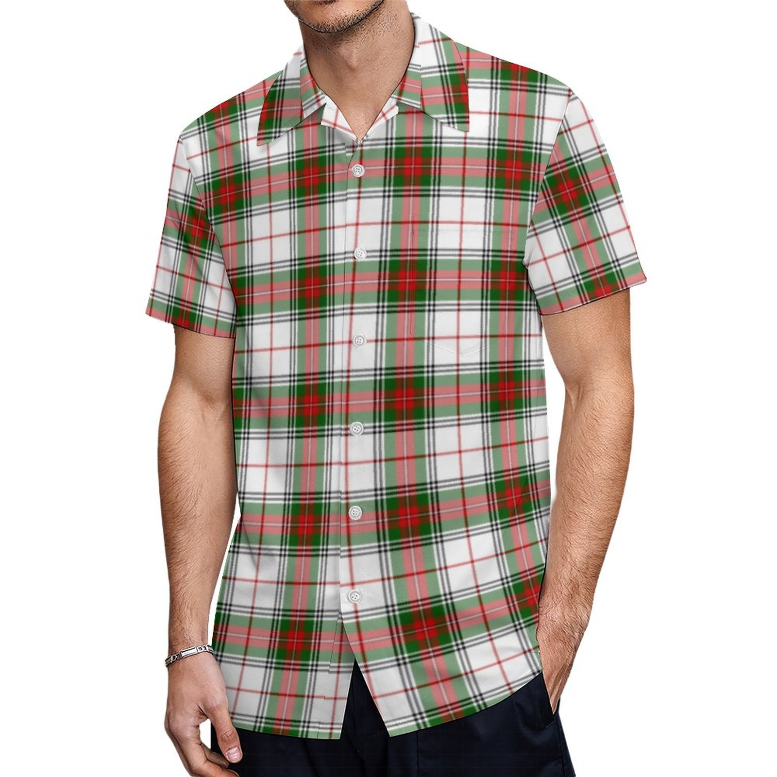 Stuart Stewart Tartan White Red Green Plaid Hawaiian Shirt Mens Button Down Tropical Hawaii Beach Shirts