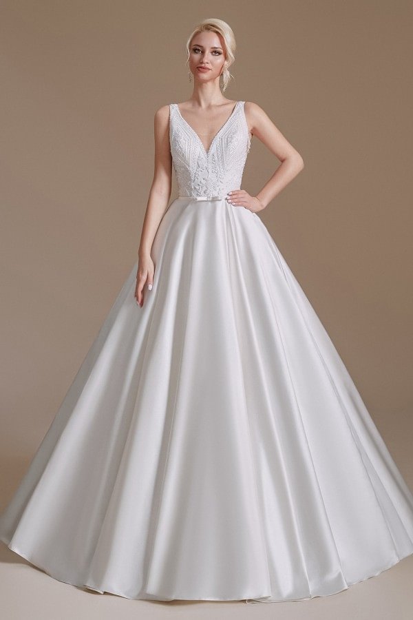 Stunning A-line V-neck Satin Long Wedding Dress With Appliques Lace | Ballbellas Ballbellas