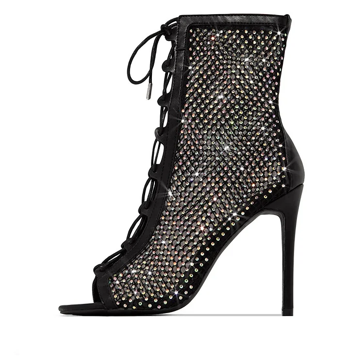 Black Rhinestone Lace Up Boots Peep Toe Stiletto Heel Ankle Boots |FSJ Shoes