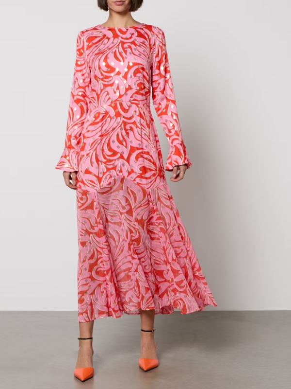 Contrasting Printing With Gold Long Sleeve Round Collar Midi Dress