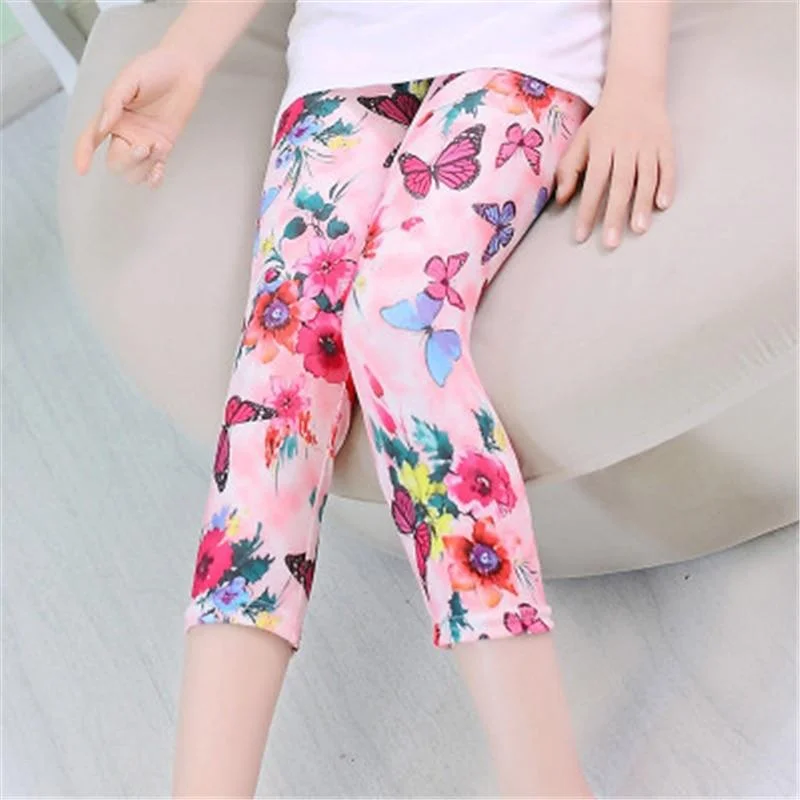 Girls Leggings Summer Children Skinny Pants Elastic Silk Breathable Causal Pencil Pants Flower Print Kids Leggings Girl Capris