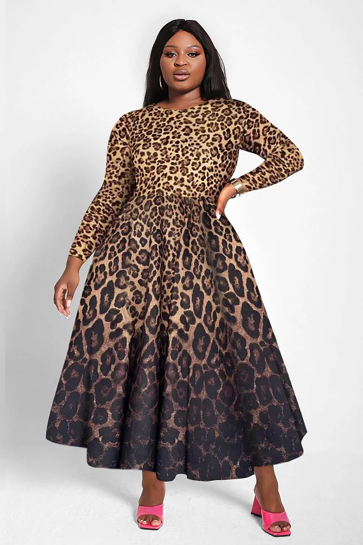 Xpluswear Design Plus Size Daily Dress Brown Leopard Print Long Sleeve Midi Dress 