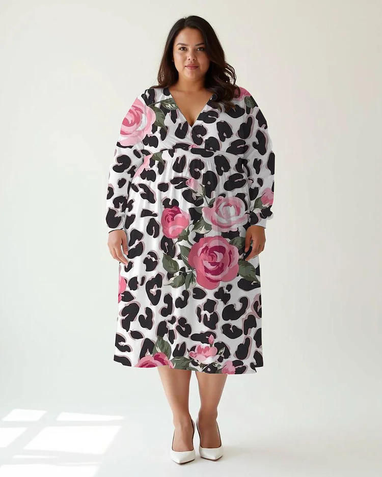 Plus Size Elegant Rose and Leopard Print Wrap Midi Dress
