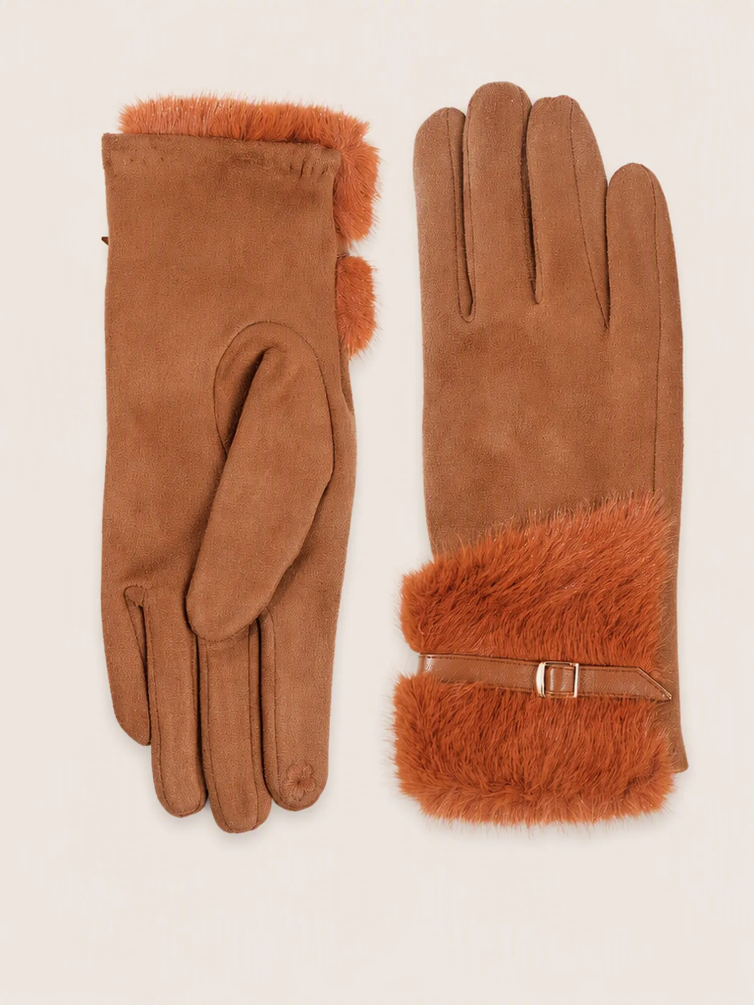 Women's Touchscreen Faux Suede Winter Gloves with Faux Fur Cuff & Buckle Detail