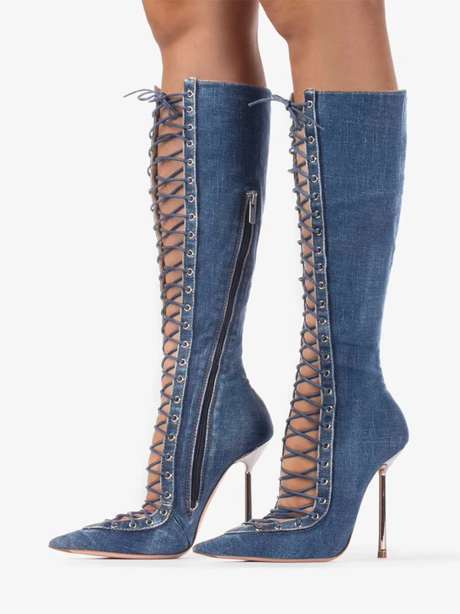 Blue Pointed Toe Lace-Up Knee-High Denim Boots with Stiletto Heels