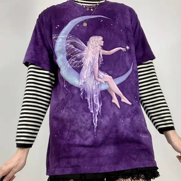 Fairy Moon Print Round Callor T-Shirt - Modakawa Modakawa