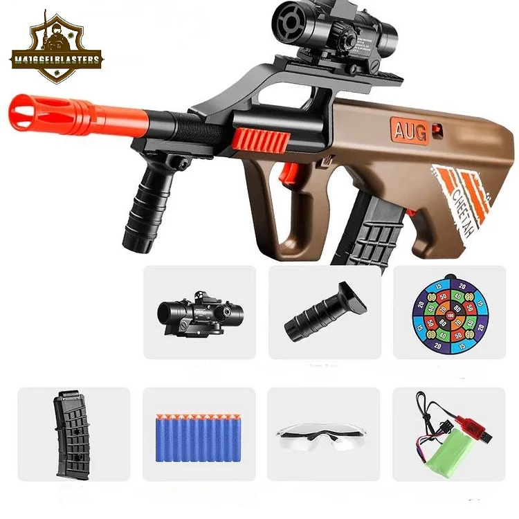 Grid layout showing camo‑pattern AUG blaster above icons of accessories: scope, foregrip, target board, magazine, darts, safety goggles, and battery pack.