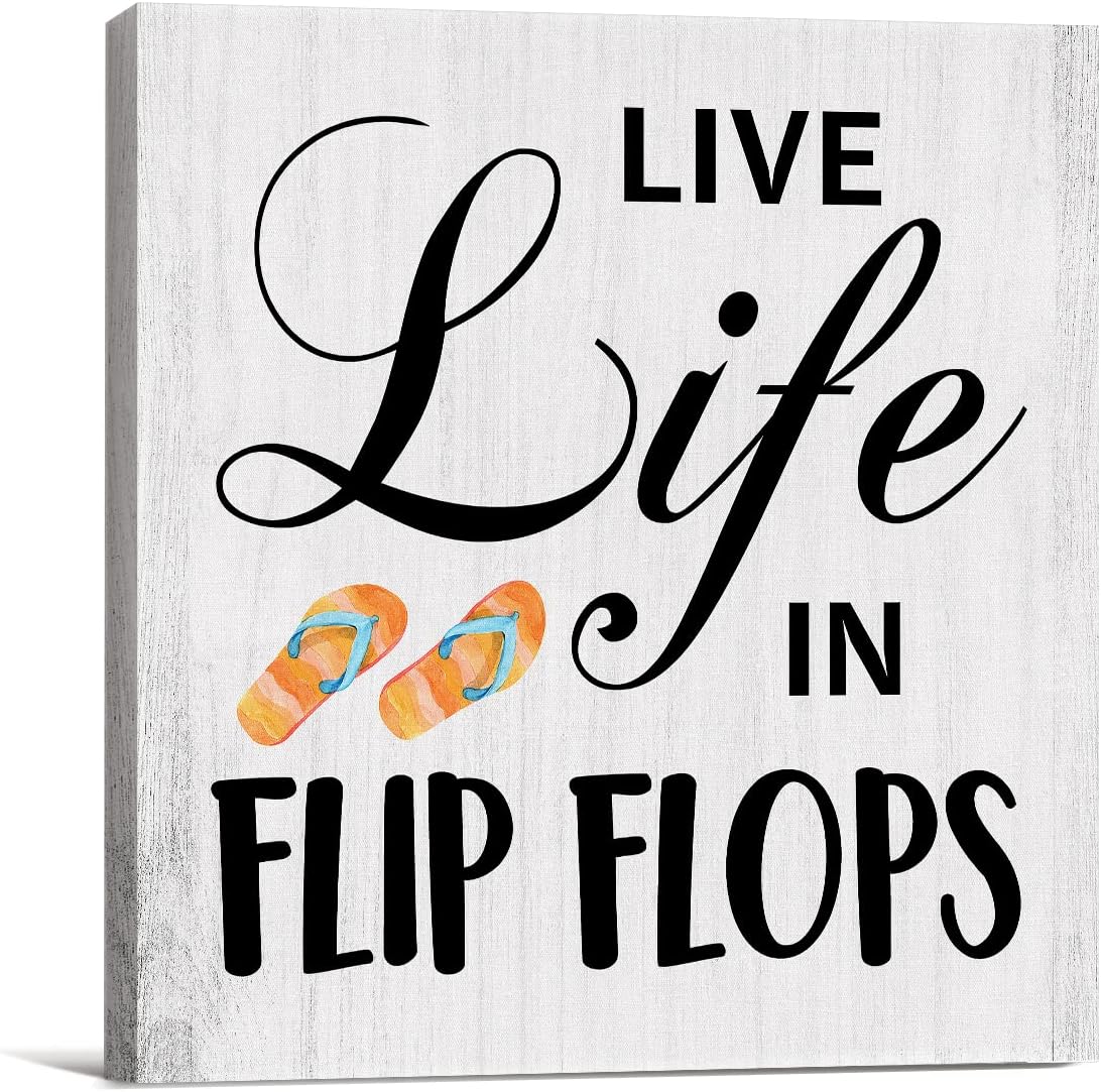 Country Live Life in Flip Flops Canvas Prints Wall Art Decor Summer Beach Poster Painting Framed Artwork Beach Room Desk Signs Rustic Home Shelf Wall Decoration 8 x 8 Inch